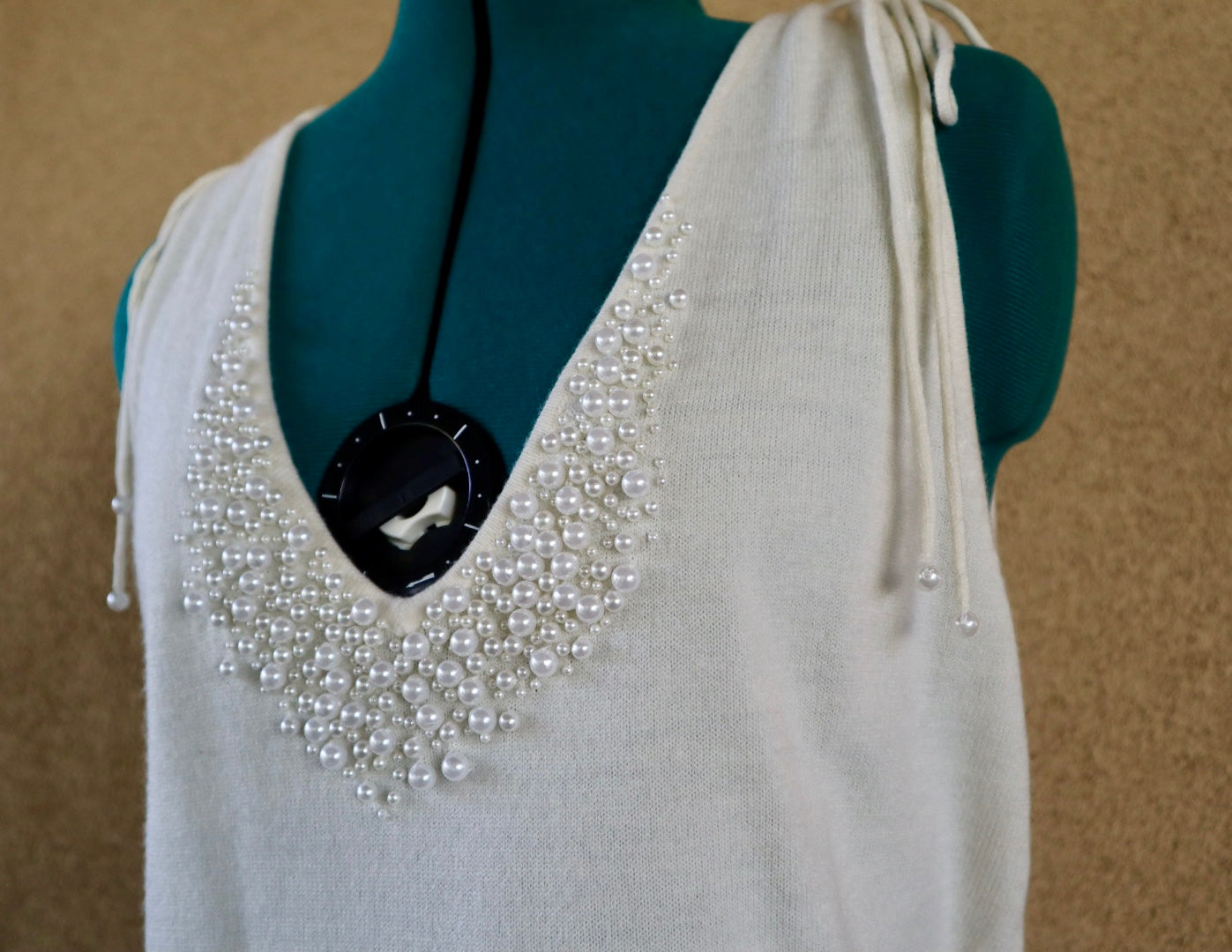 Cream Pearl Embellished Sweater Tank