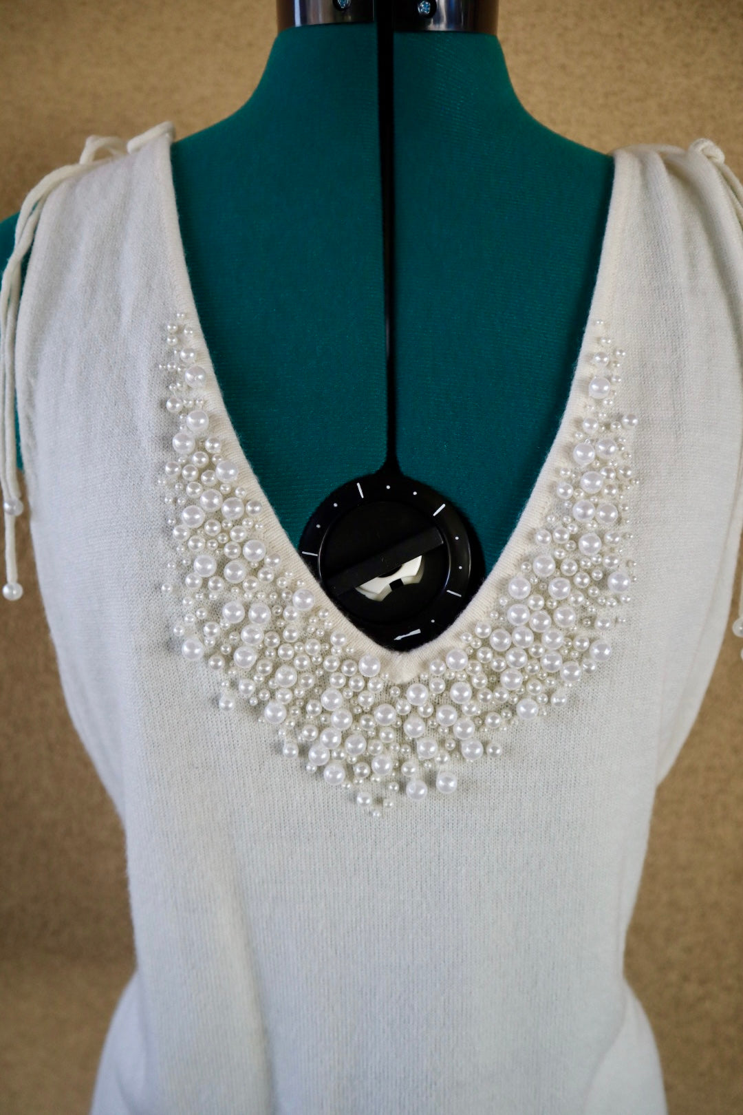 Cream Pearl Embellished Sweater Tank