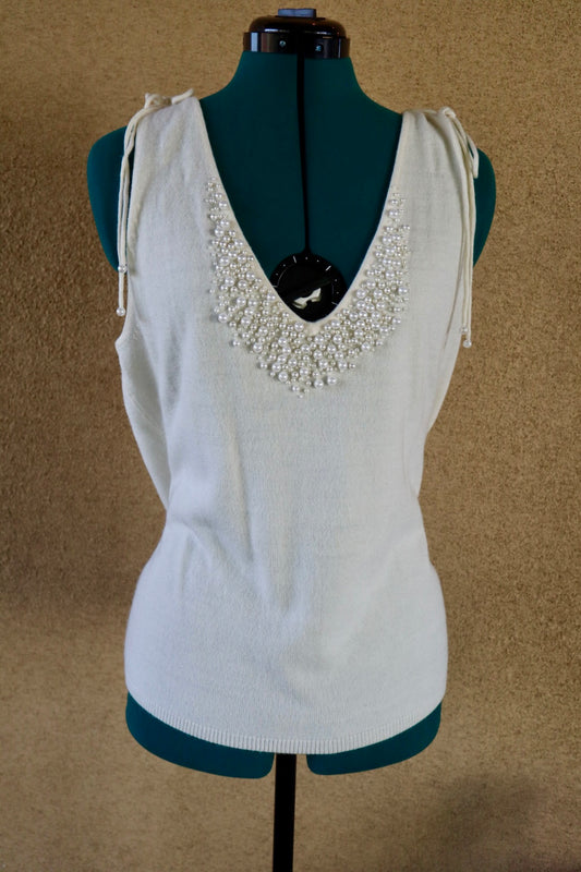 Cream Pearl Embellished Sweater Tank